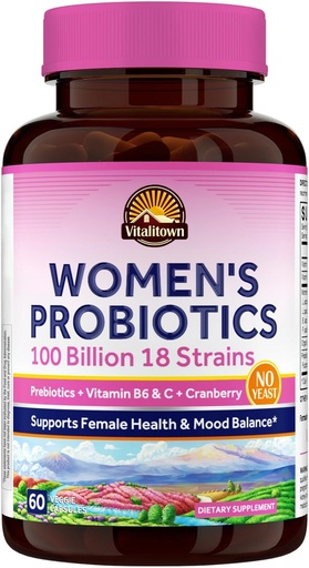 [BRSROHAKPMJQYELU] Vitalitown Women’s Probiotics | 100 Billion CFUs 18 Strains | Prebiotics, VC & B6, Cranberry | Shelf Stable | Vaginal, Urinary, Digestive & Mood Support | 60 Vegan Caps