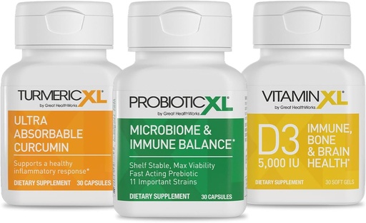 [BRSWYAABOIAQOC3D] TrioXL - 3 Powerful Supplements That Promote a Strong Immune System, Includes TumericXL, VitaminXL D3 & ProbioticXL, Gluten-Free Immune Booster, 3-30 Count