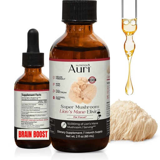[BRSROBAYCQAQID3B] Auri Nutrition Lion’s Mane Liquid Elixir - Brain Supplements for Memory and Focus with Functional Mushrooms - Lions Mane Supplement, Full Spectrum Lion's Mane Extract - No GMO, Vegan Mushroom Tincture