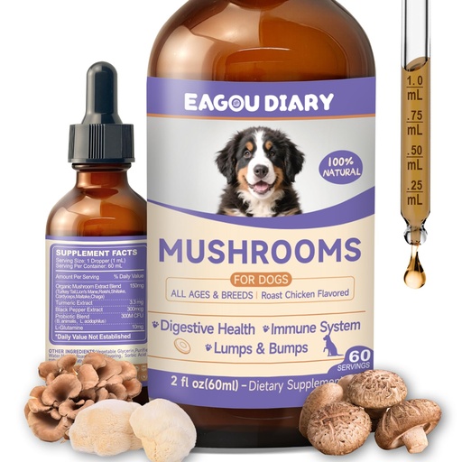 [BRSREEIEOYDRGELU] Mushroom for Dogs - with Turkey Tail Mushroom for Dogs, Lion’s Mane, Shiitake, Supports Joint & Gut Health, Enhances Energy, Lumps & Bumps Supplement,Organic Mushrooms Supplement for Dog, 60ml Drop