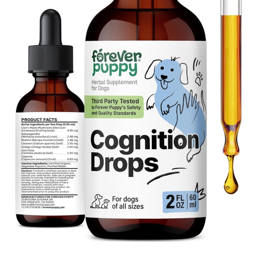 [BRSREHA6B57QYHYU] Forever Puppy Cognition Drops for Dogs - Lion's Mane Tincture & Ginkgo Biloba Liquid Supplement for Dogs' Brain Health Support - Cognitive Drops w/Ashwagandha Root for Brain Focus & Clarity (2 fl oz)