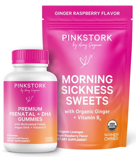 [BRSRGFAZAB5GMGQU] Pink Stork Morning Sickness Sweets Ginger Raspberry + Premium Prenatal Gummies - Morning Sickness Relief, Prenatal Gummy Vitamins with Folate, Nutrients for Early Pregnancy Support Bundle