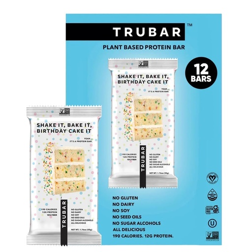 [BRSRGZQRAUAROADD] TRUBAR Vegan Protein Bar, Shake it Bake it Birthday Cake it, Gluten Free, Plant Based Protein, Dairy Free, Non GMO, Soy Free, No Sugar Alcohols, 12G Protein, 12G Fiber, 23G Carb, Snack Bars, 12ct