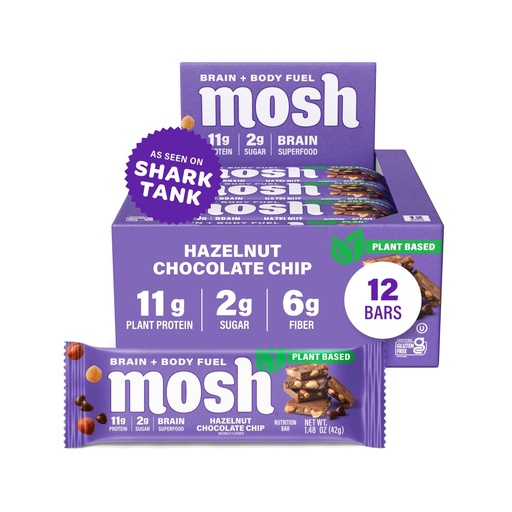[BRSREEIDBMAQ2D3K] MOSH Hazelnut Chocolate Chip Vegan Protein Bars, Plant Based, Keto, Gluten Free, Brain Healthy Snack with Cognizin, Ashwagandha and Lion's Mane, 12 Count