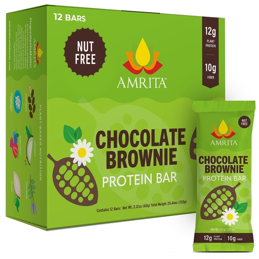 [BRSWIHYEB4HRGE3Y] Amrita Nut Free Chocolate Brownie Vegan Protein Bars (12 Count) | 12g Plant-Based Protein Bar | Peanut Free, Gluten Free, and Dairy Free | Low Sugar, High Fiber, Healthy School-Safe Snacks