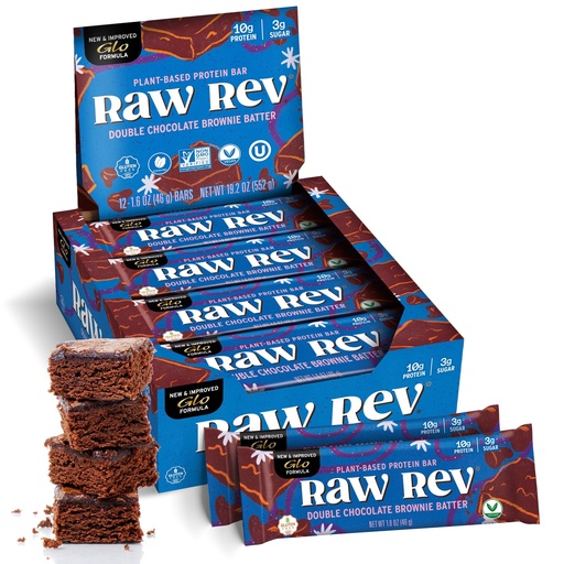 [BRSWGZATDF6A4CLF] Raw Rev Vegan Protein Bars- Double Chocolate Brownie Batter, 12 bars, Non-GMO, Plastic-Neutral, Nothing Artificial, Glo Formula, Gluten-Free, Keto-Friendly, Paleo, Kosher, No Sugar Alcohols, No Stevia.