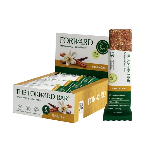 [BRSRGBLQCAAR4YI3] The Forward Bar – Vanilla Chai Protein Bar | Whole Food, Plant-Based, Gluten-Free, Dairy-Free, Non-GMO | 12g Complete Protein, High Fiber, Healthy Snack & Meal Replacement | Box of 9 Bars