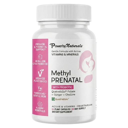[BRSWGAQLAAPWECTU] Power By Naturals Methyl Prenatal with Probiotics – Prenatal Vitamins for Women with Iron, Methyl Folate, B12 & 28 Nutrients & Botanicals – Vegan, Non-GMO, Gluten-Free – 60 Capsules (1-Month Supply)