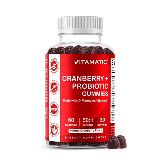[BRSW2HQYCAIBEDTK] Vitamatic Cranberry Gummies with D-Mannose, Probiotics, Vitamin C – Plant-Based Botanical Extract – Vegan, Non-GMO – 60 Count