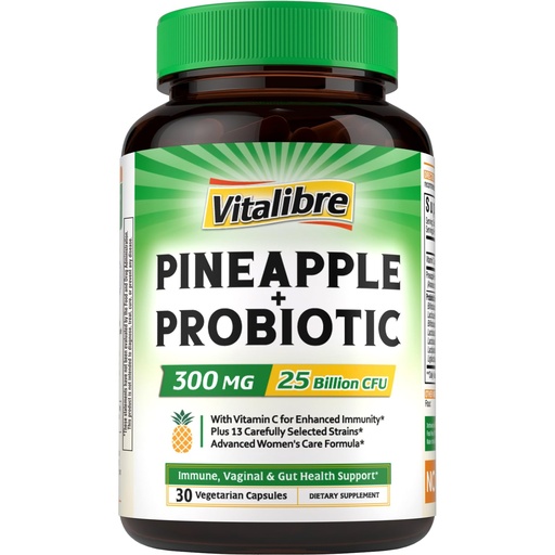 [BRSREAQPPIIRMELU] Vitalibre Pineapple + Probiotic, 300 mg, 25 Billion CFUs, 13 Strains, Natural Vitamin C, Powerful Antioxidants, for Immunity, Vaginal, Gut Health, 30 Vegan Capsules, Non GMO