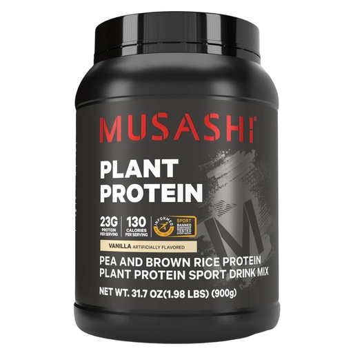[BRSRGAQTCIJQ2F3O] Musashi Plant Protein Powder, Vanilla, 900g (1.98 lb), Pea, Brown Rice and Chia Protein Blend with BCAAs & L-Glutamine, 23g Protein, 130 Calories per Serving