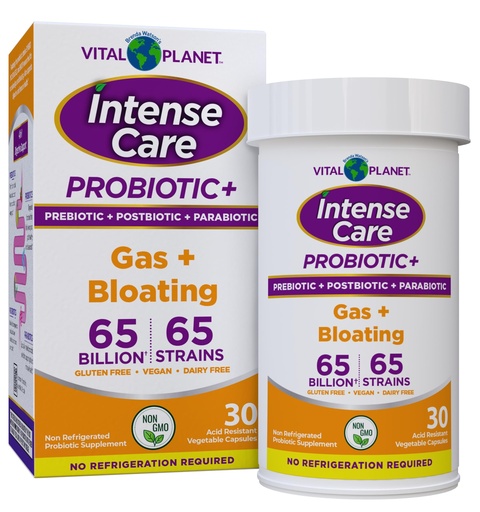 [BRSRAYY2CF5QAAYY] Vital Planet - Intense Care Gas & Bloating Probiotics Plus Organic Prebiotics, Postbiotics, Parabiotics, Complete 4-in-1 Supplement for Adults, 65 Billion CFU, 65 Strains, Digestive and Immune 30 ct