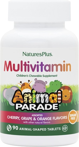 [BRSWIZQIBQBRU3LK] Natures Plus Animal Parade Sugar-Free Children's Multivitamin - Assorted Cherry, Grape & Orange Flavors - 90 Chewable Tablets - 45 Total Servings