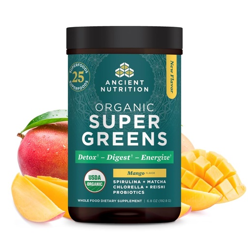 [BRSROBQDO4BWOYL6] Ancient Nutrition SuperGreens Powder with Probiotics, Organic Mango Flavor Greens, Made from Real Fruits, Vegetables and Herbs, Digestive and Energy Support, 25 Servings, 6.8oz