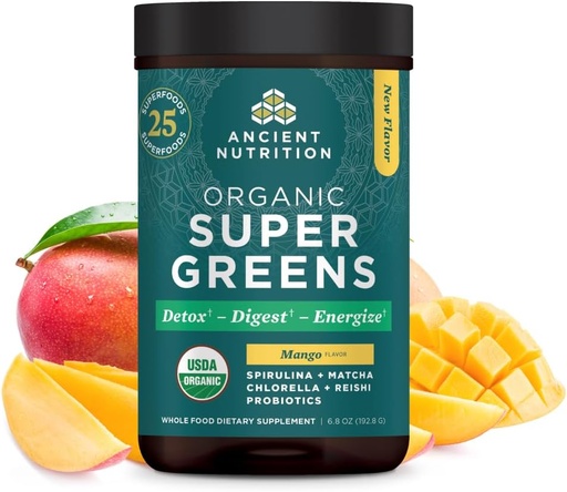 [BRSROBQDO4BWOYL6] Ancient Nutrition Supergreens Powder with Probiootit, Organic Mango Flavor Greens, Valmistettu todellisista hedelmistä, vihanneksista ja yrteistä, Ruoansulatus- ja energiatuki, 25 tarjoilua, 6.80