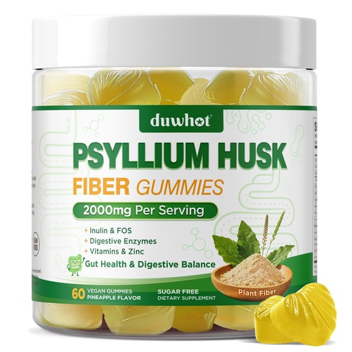 [BRSRGBIEAUJRSGTO] Psyllium Husk Gummies for Adults, 2000mg Psyllium Husk Fiber Supplement with Acacia Fiber, Inulin & FOS, Digestive Enzymes for Gut Health & Regularity, Vegan, Organic, Sugar Free, Pineapple, 60 Chews