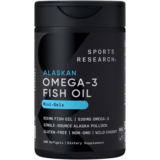[BRSREBD4DIGRGFLA] Sports Research® Omega-3 Fish Oil AlaskOmega Mini Gels 625mg from Wild Alaskan Pollock - Burpless Fish Oil Supplement with Omega-3 EPA & DHA - Sustainably Sourced, Non-GMO, Gluten Free - 240 Softgels