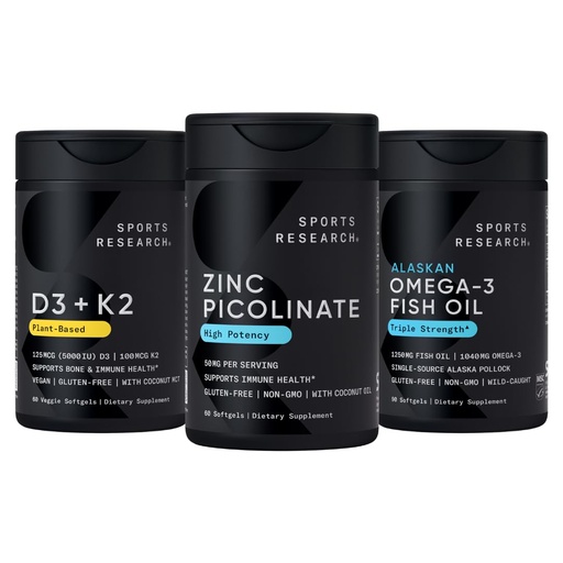 [BRSRYYYNPMBAK3TJ] Sports Research® Multivitamin Pack - Highly Absorbable Zinc Picolinate 50mg, Vitamin D3 5000iu + K2 100mcg, and Alaskan Omega-3 Fish Oil 1250mg
