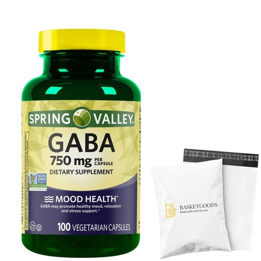 [BRSREED4OUNRYCQY] Spring Valley GABA Amino Acid Supplement, 750 mg, Unflavored, 100 Count, for Calm, Mind, Sleep, Set by Basket Goods