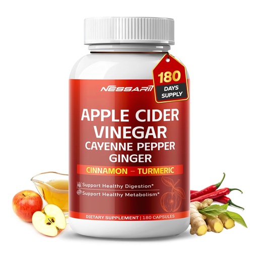 [BRSREZD3B4MAK2T4] Apple Cider Vinegar with Cayenne Pepper, Ginger, Cinnamon & Turmeric – Support Digestion & Metabolism – 180 Capsules*