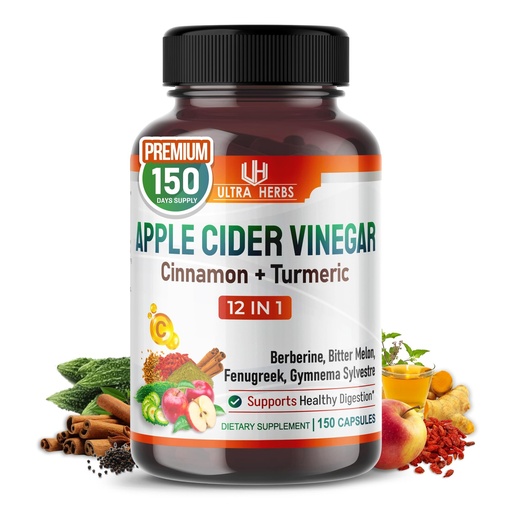 [BRSROZDYCBYGC3TZ] Organic Apple Cider Vinegar Capsules Enhanced with Cinnamon, Turmeric - Ultra Supplement for Digestive, Circulatory, Immunity Support | 150 Capsules