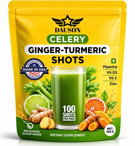 [BRSRAHY5PIDREYDG] Celery Ginger Turmeric Shots Powder with Vitamin C, D3 & Zinc – Daily Detox & Immune Support Blend with Piperine & Prebiotics – 100 Shots