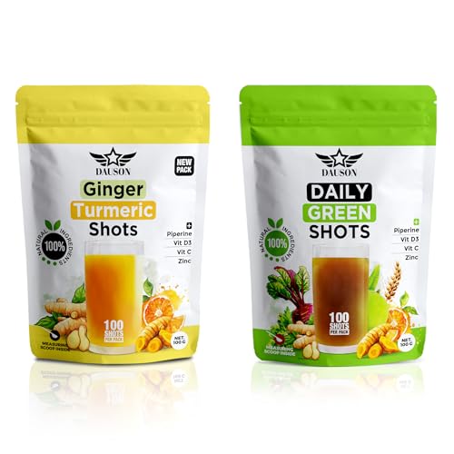 [BRSREZA7BNYA2YDG] Ginger Turmeric Daily Green Shots – 100 Servings – Blend with Piperine, Wheatgrass, Matcha, Beetroot, Ashwagandha, Turmeric, Ginger, Prebiotics, Vitamin C, D3 & Zinc | Vegan Superfood Wellness Powder
