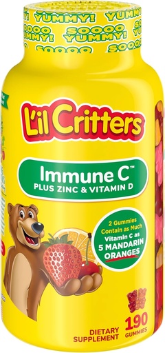 [BRSWIYI7A4FRGELU] L'il Critters Immune C Suplemento de Gummy Vitamina para nenos, para vitamina C, D e Zinc para soporte inmune, Orange, Lemon, Strawberry e Cherry Flavors, 190 Gummies (Packaging May Vary)