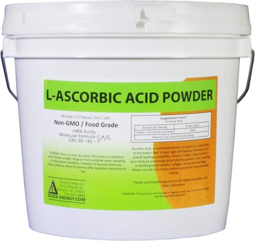 [BRSWIGQEAR7RMGTK] Duda Energy asc8p Pail of L-Ascorbic Acid Powder 99+% Food Grade USP36/BP2012 Naturally Fermented Pure White Crystals Form of Vitamin C, 8 lb.