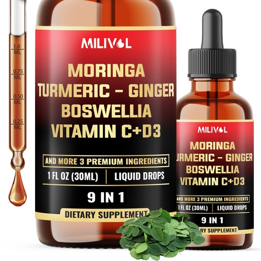 [BRSREEI2AAPBSH35] 9in1 Moringa Liquid Drops with Ginger Root, Ceylon Cinnamon, Ashwagandha Root, and Bitter Melon - Supplement for Women and Men - 1 FL Oz - 60 Day Supply