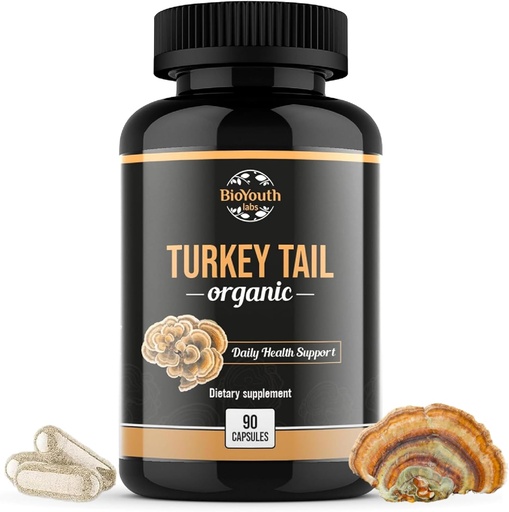 [BRSROGTYBUGQMCI4] Organic Turkey Tail Mushroom Capsules Fruiting Body Extract | GMO & Allergen-Free, Coriolus Versicolor Daily Herbs, 90 Capsules
