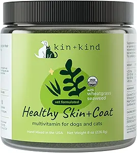 [BRSWGZYRCR7Q4CDZ] kin+kind Organic Multivitamin for Dogs & Cats - Pet Supplement for Healthy Skin and Coat - Safe, Natural Formula with Wheatgrass, Kelp, Seaweed and Coconut - Made in USA - 8 oz (Large)