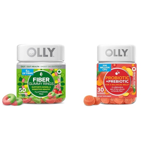 [BRSROBQEOUDQEYI2] OLLY Fiber Gummy Rings, 5g Prebiotic Fiber, FOS (Fructo-oligosaccharides), Digestive Support & Probiotic + Prebiotic Gummy, Digestive Support and Gut Health, 500 Million CFUs, Fiber