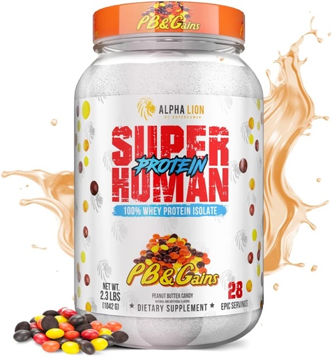 [BRSW2YLQOECG2GTB] ALPHA LION Superhuman Whey Protein Powder, Great Tasting Pure Whey Protein Isolate, Low Carb, Low Sugar, No Bloat Post Workout, Muscle Recovery & Growth (28 Servings, PB & Gains)