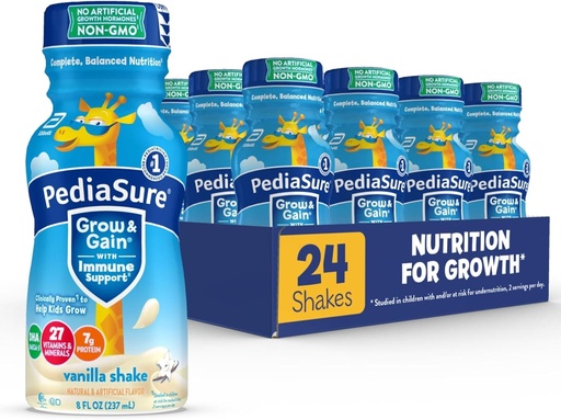 [BRSWIYQICEMR6G32] PediaSure Grow & Gain with Immune Support, 27 Vitamins & Minerals for Kids, 7g Protein, Non-GMO, Gluten-Free, Vanilla, 8-fl-oz Bottle, Pack of 24