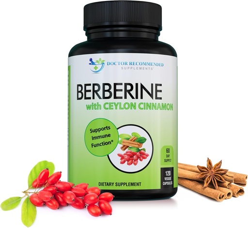 [BRSWYALYBB5RSCAU] DOCTEUR COMPLÉMENTS RECOMMANDÉS Berbérine avec cannelle Ceylan - 1200mg Berbérine et 100mg Cinnamon Ceylan biologique - 120 Capsules de Véggie, système immunitaire sain et gastro-intestinal Bien-être