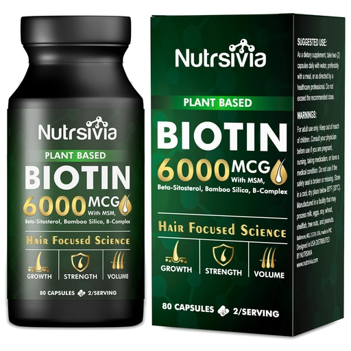 [BRSREHQFBMBGG2D7] Biotin 6000mcg Hair Growth Supplement with MSM& Bamboo Silica - Hair, Skin & Nail Support for Women & Men, 80 Capsules.