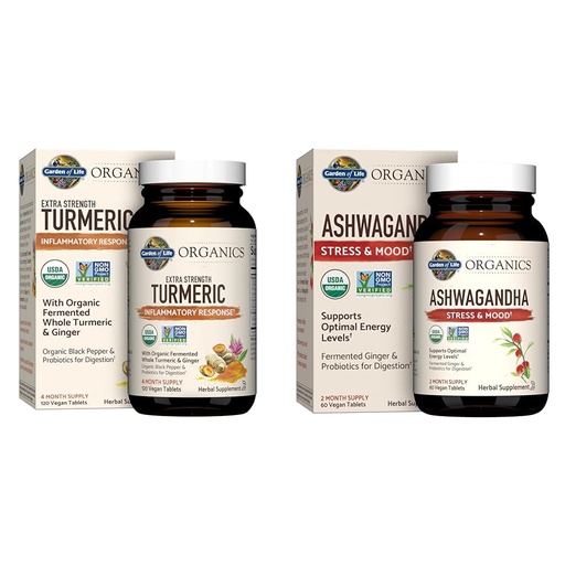 [BRSRAZYQOJ4BS3DG] Garden of Life Organics Extra Strength 120 Tablets Turmeric Inflammatory Response with 60 Ashwagandha Stress, Mood & Energy Support Tablets