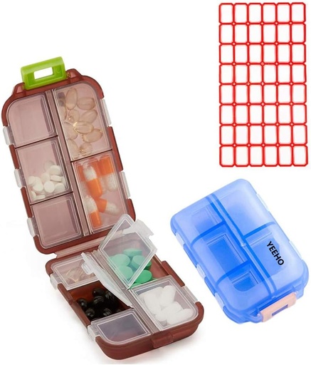 [BRSWGAQPOJ6AIF3L] Pill Case (2 Pack) - Portable Small Supplements Tablet Container Box with 10 Compartments - Medicine Vitamin Organizer Dispenser Holder Storage for Travel Trip Pocket Purse(Blue+Chocolate)