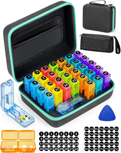 [BRSROCACC56GG236] Monthly Pill Organizer 2 Times a Day, with Portable Hard Shell, Pill Cutter, 31-Day Box, Plastic Opening Pick, Monthly & Weekly Stickers, Convenient Medication Management (2 Times a Day)