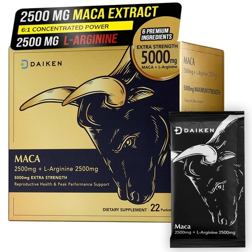 [BRSW2C3RCUFQKDL3] DAIKEN Extra Strength Maca Root & L-Arginine (5,000mg) - High Potency 6:1 Extract (2,500mg Maca + 2,500mg L-Arginine) - Gelatinized Black, Red, Yellow Blend for Men and Women - Vegan, 22 Packets