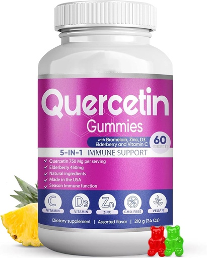 [BRSW2HT6AUMGYCL3] Quercetin Gummies by BioVitalica - Quercetin with Bromelain Vitamin C and Zinc &apos; Elderberry + Vitamin D3-5 in 1 Immune Support - Zinc Quercetin 750 mg for Kids and Adults (1)