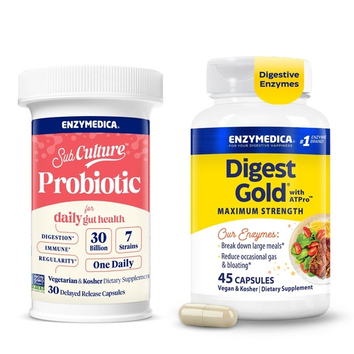[BRSRGBD4PJ7QYF3H] Enzymedica Digest Gold & SubCulture Probiotic for Daily Gut Health - Digestive Enzyme Supplement for Women & Men, Helps Gas & Bloating, Probiotic Capsules 30 Billion CFU - Pack of 2