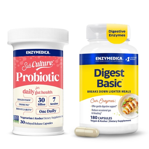 [BRSRGAYDDIJWMAL5] Enzymedica Digest Basic & SubCulture Probiotic for Daily Gut Health - Digestive Enzyme Supplement for Women & Men, Helps Gas & Bloating, Probiotic Capsules 30 Billion CFU - Pack of 2