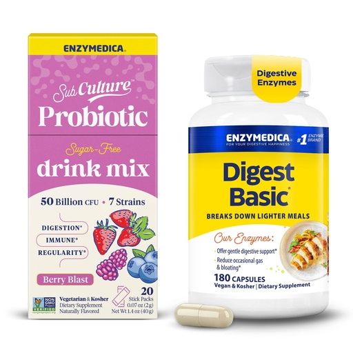 [BRSRGAYDC5YAK3LX] Enzymedica Digest Basic & SubCulture Probiotic Drink Mix Powder - Digestive Enzyme Supplement for Women & Men, Helps Gas & Bloating, Probiotics for Gut Health 50 Billion CFU, Berry Blast - Pack of 2