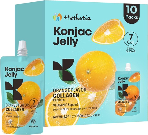 [BRSRAEIOOIPRMAAY] Hethstia Naranja jalea Konjac con péptidos de colágeno, 10 bolsas de jalea de frutas, gelatina bebible bajo calorías con vitamina C, libre de azúcar, Keto, libre de gluten, ataduras de luz