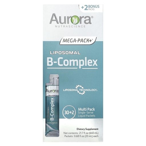[BRSREAQOCMPBADLF] Aurora Nutrascience Mega-Liposomal B-Complex + Vitamin C - Healthy Energy & Immune System Support Supplement for Adults, Sugar Free, Vegan, Gluten Free, Non-GMO - 32 Single Serve Packets, Orange