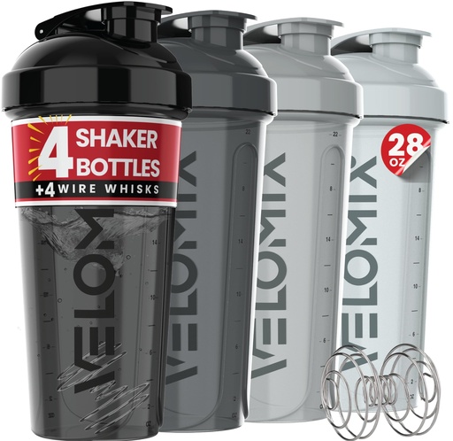 [BRSRGEA6BF4GODT7] VELOMIX -4 Pack- 28 oz Protein Shaker Bottles for Protein Mixes - 4x Wire Whisk | Leak Proof Shaker Cups for Protein Shakes | Stackable Protein Shaker Bottle Pack (A1) Silver Aurora