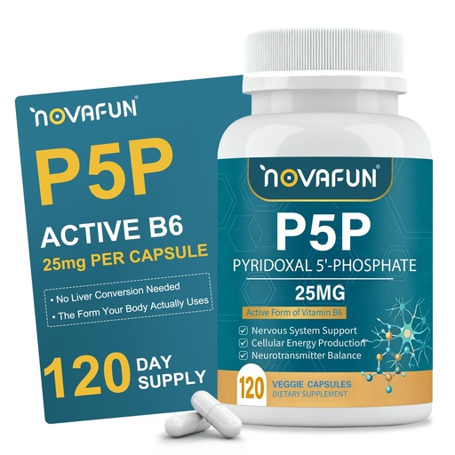[BRSRGZD5PINWMDTH] P5P 25mg - Active Vitamin B6, High Potency Pyridoxal-5-Phosphate Coenzyme Supplement, Supports Nervous System, Neurotransmitter Balance & Cellular Energy, 120 Veggie Capsules