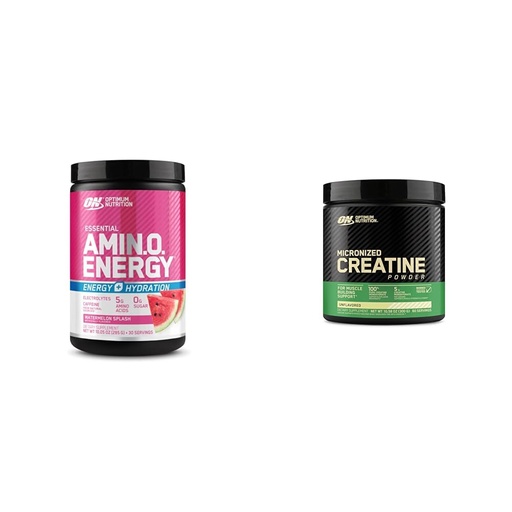 [BRSROAINAVYBAHLV] Optimum Nutrtion Bundle: Amino Energy Powder Plus Hydration, with BCAA, Electrolytes, and Caffeine, Watermelon Splash, 30 Servings + Micronized Creatine Monohydrate Powder, Unflavored, 60 Servings